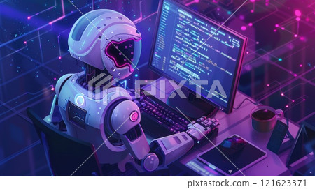 A robot is sitting at a computer desk, typing on a keyboard, Futuristic automation and technology concept A robot is sitting at a computer desk, typing on a keyboard, Futuristic automation and technology concept 121623371