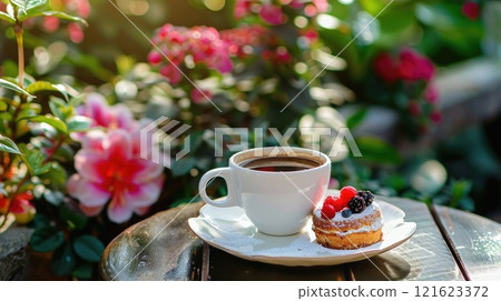 A cup of coffee on a table with a small cake for a snack in a flower garden 121623372