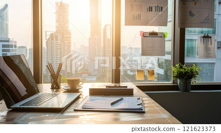 Workplace with laptop comfortable work table in office windows and city view, Generative AI 121623373