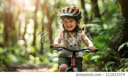 Happy child riding balance bike in forest wonderland, Joyful kid exploring nature on two wheels amid sunlit tree canopy 121623374