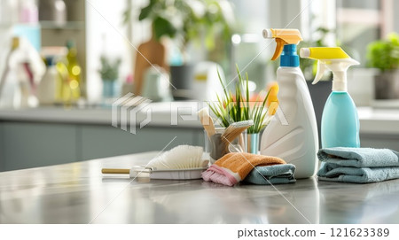 Sparkling professional cleaning services banner with close-up of cleaning supplies on clean countertop in brightly lit room with copy space 121623389