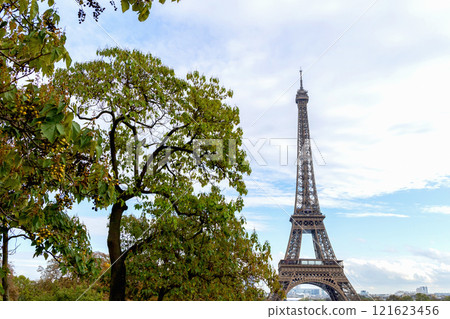 The Eiffel Tower is beautifully surrounded by lush greenery in the heart of Paris, France The Eiffel Tower is beautifully surrounded by lush greenery in the heart of Paris, France 121623456