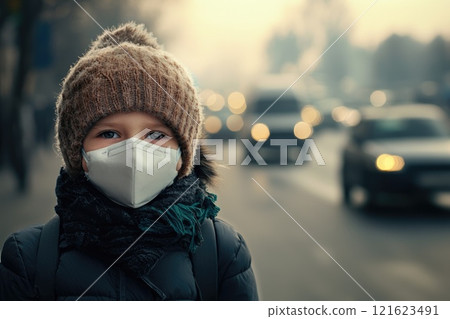 A young child wearing a mask and a hat stands on a street, traffic jam and air pollution A young child wearing a mask and a hat stands on a street, traffic jam and air pollution 121623491