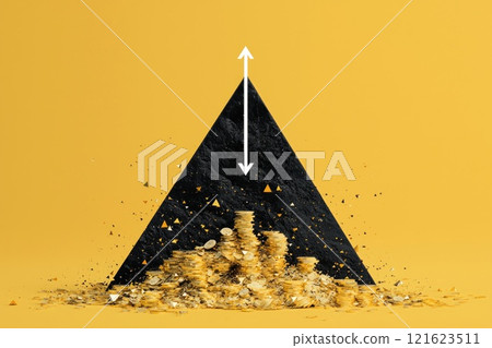 A pyramid of gold coins is shown with a white arrow pointing upwards. Concept of determination and perseverance 121623511