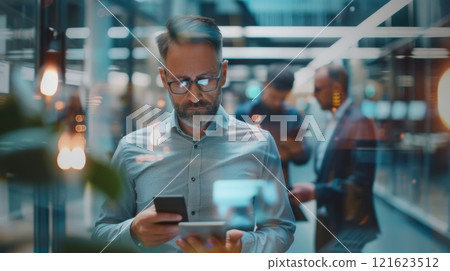 Productive Business Person Multitasking in Tech-Savvy Office Environment with Colleagues and Digital Interfaces. 121623512