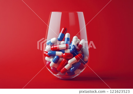 Colorful Red, White, and Blue Pills Piled in a Elegant Glass on a Bright Red Background 121623523