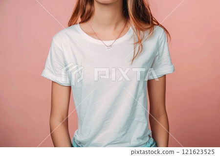 A woman is wearing a white shirt and a necklace A woman is wearing a white shirt and a necklace 121623525
