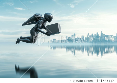 Futuristic Delivery Robot Flying Over Urban Skyline with Package in Hand Futuristic Delivery Robot Flying Over Urban Skyline with Package in Hand 121623542