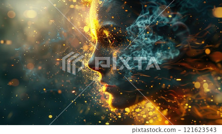 A woman's face is shown with smoke and fire, creating a surreal A woman's face is shown with smoke and fire, creating a surreal 121623543