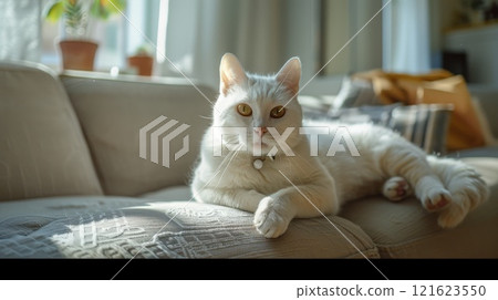 A white cat is laying on a couch 121623550