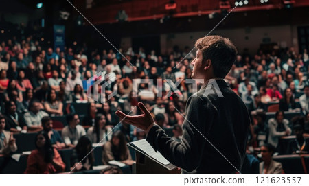 Inspiring Speaker on Cooperation, Teamwork, and Innovation at Conference with Engaged Audience 121623557