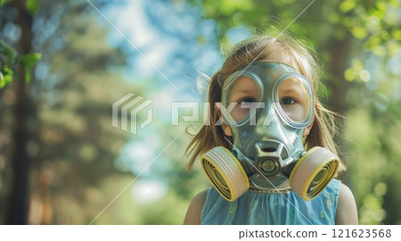 A young girl wearing a gas mask is standing in a forest 121623568