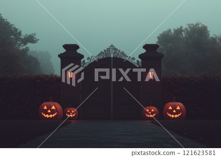 Spooky Cemetery Gate Adorned with Jack Lanterns Spooky Cemetery Gate Adorned with Jack Lanterns 121623581