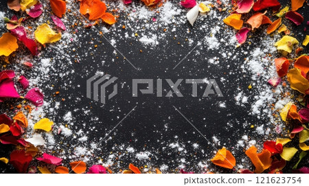 Colorful flower petals scattered with white powder on black surface. Concept of contrast, celebration, art, and decoration Colorful flower petals scattered with white powder on black surface. Concept of contrast, celebration, art, and decoration 121623754