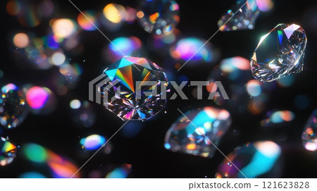 Diamonds scattering with colorful light dispersion. 3D rendering of luxury gemstone background. Diamonds scattering with colorful light dispersion. 3D rendering of luxury gemstone background. 121623828