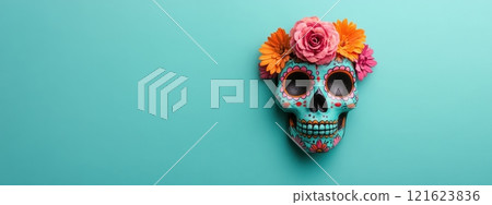 Decorative Day of the Dead sugar skull with vibrant flower crown on teal backdrop 121623836