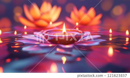 Floating lotus flower candles on water with bokeh background. Concept of relaxation, spa, meditation, and tranquility 121623837