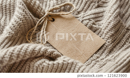 Close up of a blank kraft paper tag with twine string on textured beige knit fabric, ideal for branding, labeling 121623900