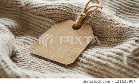Close up of a blank kraft paper tag with twine string on textured beige knit fabric, ideal for branding, labeling 121623904