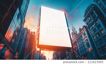A blank vertical billboard towering above a city street, showcasing potential advertising concepts 121623905