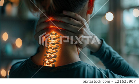 An individual holds their neck, and a highlighted spine is illustrated, conveying the concept of neck pain  121623907