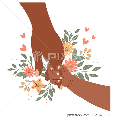 The mother's hand holds the baby's hand. Child's hand in mother's hand. Illustration, vector 121623957