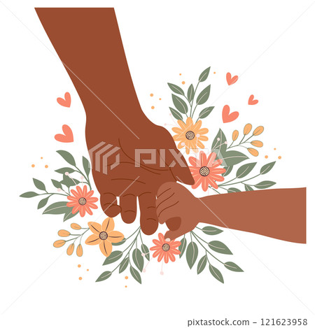 The father's hand holds the baby's hand. Child's hand in dad's hand. Illustration, vector The father's hand holds the baby's hand. Child's hand in dad's hand. Illustration, vector 121623958