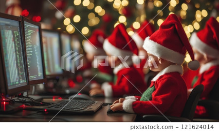 Christmas elves working hard on computers to deliver gifts on time. Concept of Christmas preparations, holiday spirit, technology and e commerce. Christmas elves working hard on computers to deliver gifts on time. Concept of Christmas preparations, holiday spirit, technology and e commerce. 121624014