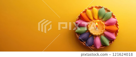 Colorful Diwali candles on yellow background with copy space 121624018