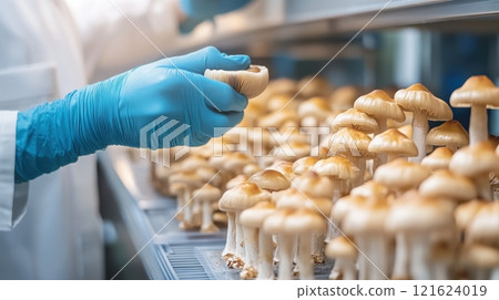 Scientist examining mushroom in a laboratory or farm. Concepts of mycology, cultivation, research, food, alternative medicine, and pharmaceuticals Scientist examining mushroom in a laboratory or farm. Concepts of mycology, cultivation, research, food, alternative medicine, and pharmaceuticals 121624019