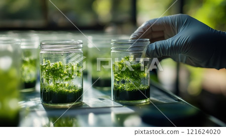 Plant Tissue Culture in Laboratory. Scientist examining plant specimen in vitro culture. Concept of plant biotechnology, biological research, genetic engineering, plant growth, and agriculture. 121624020