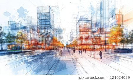 Modern city street with skyscrapers. Watercolor painting effect. Concept of architecture, engineering, construction, and urban development. Modern city street with skyscrapers. Watercolor painting effect. Concept of architecture, engineering, construction, and urban development. 121624059