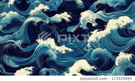 Stylized Ocean Waves, Digital Illustration. Concept of Nature, Power, Ocean, Water, and Art 121624089