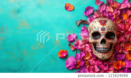 Day of the Dead Sugar Skull decorated on turquoise surface with flower petals. Dia de Muertos traditional festive concept. Day of the Dead Sugar Skull decorated on turquoise surface with flower petals. Dia de Muertos traditional festive concept. 121624098