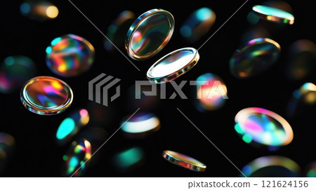 Abstract 3D rendering of iridescent, holographic discs floating on a black background. Concept technology, innovation, future Abstract 3D rendering of iridescent, holographic discs floating on a black background. Concept technology, innovation, future 121624156