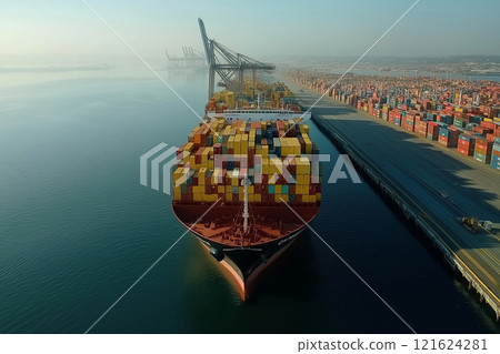 Container ship navigates busy port with colorful cargo 121624281