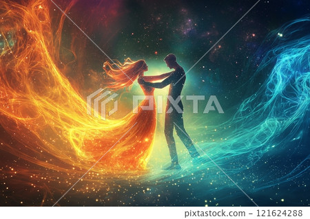 Couple dancing in a cosmic swirl of colors and light symbolizes love and connection in a dazzling universe 121624288