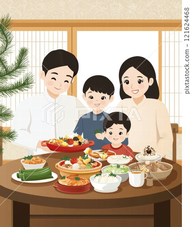 family enjoys festive meal together, celebrating traditions and unity. , Lunar New Year 121624468