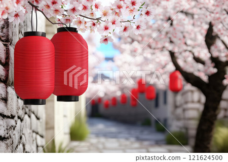 Red lanterns hanging from cherry blossom trees create serene alleyway scene. , Lunar New Year 121624500