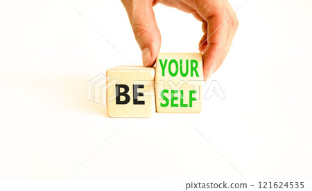 Motivational be yourself symbol. Concept words Be yourself on beautiful wooden block. Beautiful white background Businessman hand. Business motivational be yourself concept. Copy space. Motivational be yourself symbol. Concept words Be yourself on beautiful wooden block. Beautiful white background Businessman hand. Business motivational be yourself concept. Copy space. 121624535