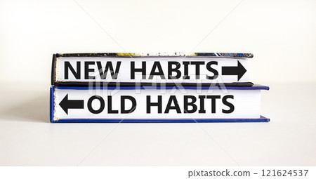 New or old habits symbol. Concept word New habits Old habits on beautiful books. Beautiful white table white background. Business new or old habits concept. Copy space. 121624537