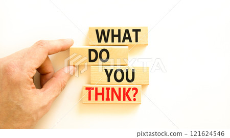 What do you think symbol. Concept words What do you think on beautiful wooden blocks. Beautiful white table white background. Businessman hand. Business and What do you think concept. Copy space. What do you think symbol. Concept words What do you think on beautiful wooden blocks. Beautiful white table white background. Businessman hand. Business and What do you think concept. Copy space. 121624546