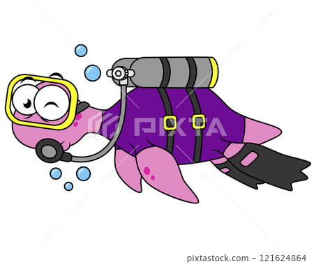 Illustration of a Loch Ness Monster scuba diver. 121624864