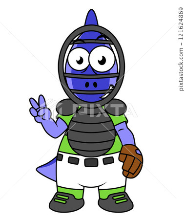 Illustration of a Parasaurolophus baseball catcher. 121624869