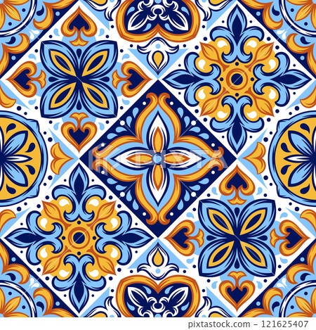 Portuguese ceramic tile pattern. Mediterranean traditional ornament. Italian or spanish majolica. 121625407