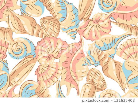 Seamless pattern with seashells. Tropical underwater mollusk shells illustration. 121625408