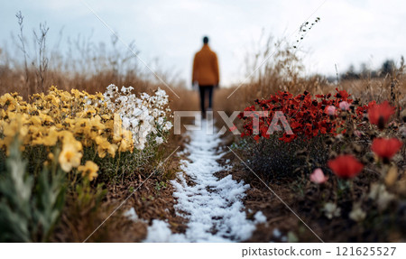 Path with Vibrant Flowers in a Winter Meadow 121625527