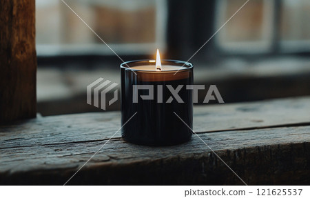 Lit Candle on Rustic Wooden Surface 121625537