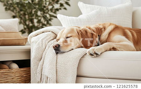 Golden retriever napping on a white couch 121625578