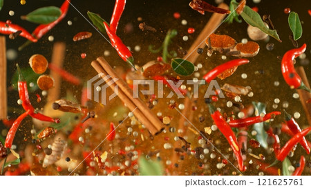 Freeze Motion of Flying Various Spices , Close-up 121625761